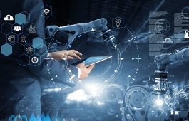 Manager Technical Industrial Engineer working and control robotics with monitoring system software and icon industry network connection on tablet. AI, Artificial Intelligence, Automation robot arm